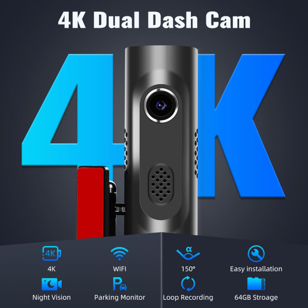 4K WiFi Dual Dash Cam,Dual Front and Rear for Car 4K+Full HD 1080P Dash Cam for Cars with Super Night Vision Loop Recording G-Sensor APP Control 150
