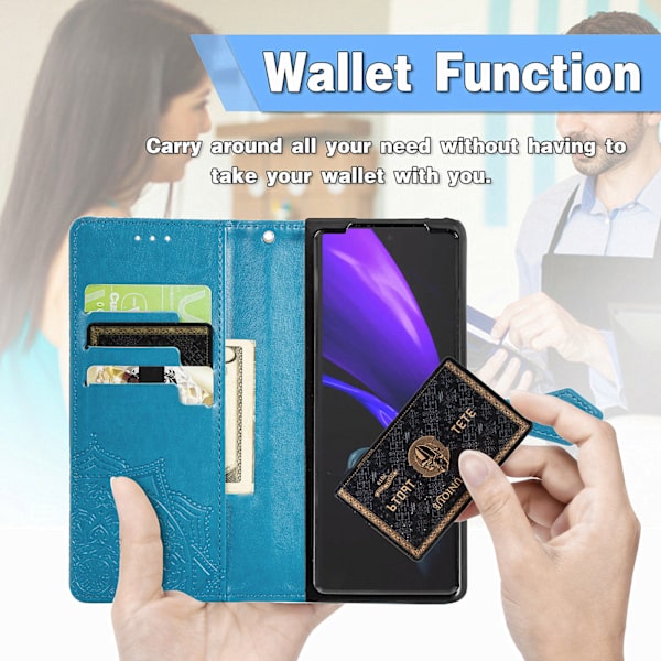 Plånboksfodral för Samsung Galaxy Z Fold 4, präglat läderfolio-flipfodral med handledsskydd, stötsäkert fodral med kortplatser
