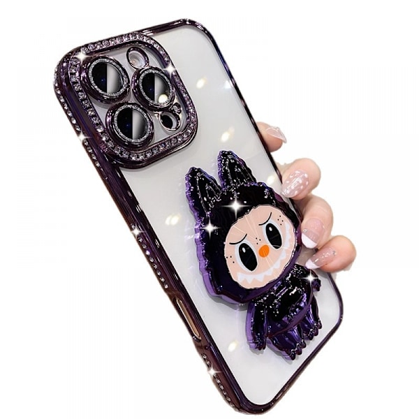 labubv Pinnoitettu puhelinkotelo piilotetulla peilillä ja jalustalla: Kimaltava timanttilinssikehys, yhteensopiva iPhonen kanssa (violetti) purple iPhone11