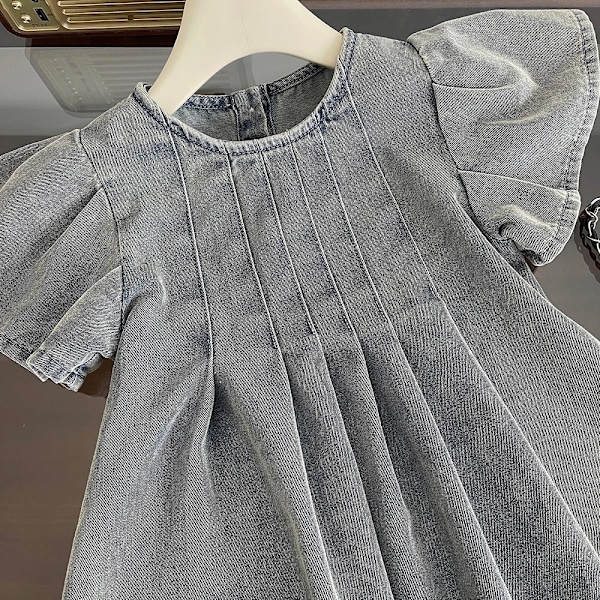 Koreansk Stil Sommer Jentenes Denim Kjoler 2-4 År Barnes Kort Flare Erme Plissert Myk Denim Kjole Barneklær 80cm