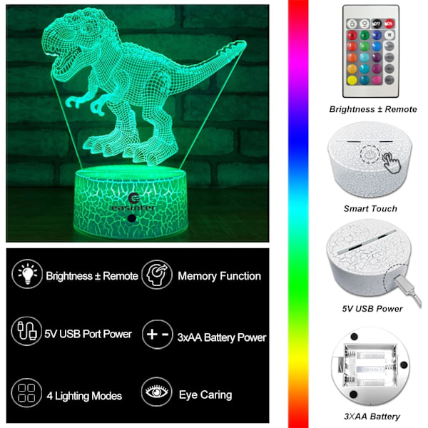 Dinosaur Leke 3D Nattlys med Fjernkontroll & Smart Berøring 7 Farger + 16 Farger Skiftende Dimbar TRex Leke 1 2 3 4 5 6 7 8 År Gammel Gutt eller Jente Gave