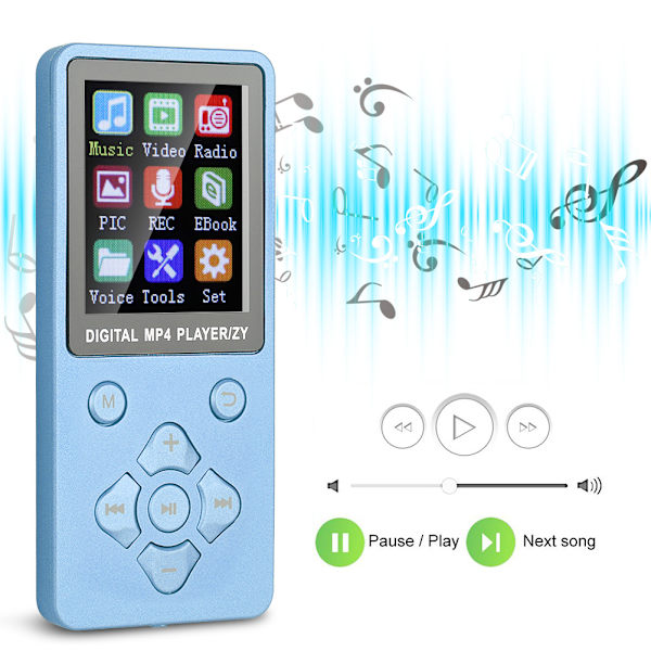 T1 Music MP3 MP4 -soitin Bluetooth-tuella, 32 Gt muistikortti, ristimäiset painikkeet, sininen