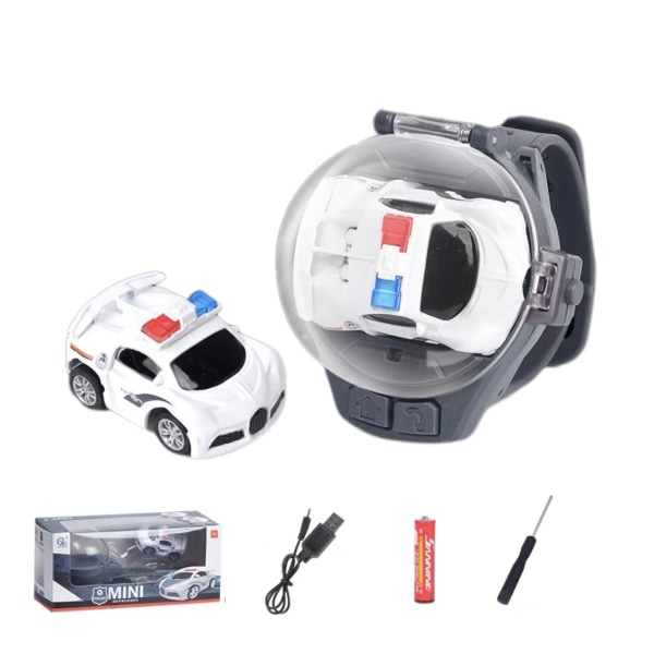 (1 paket) Bilklocka watch elektrisk racingbil fjärrkontroll bil watch (legering vit polisbil (uppladdningsbar version + 7:e batteri + skruvmejsel))