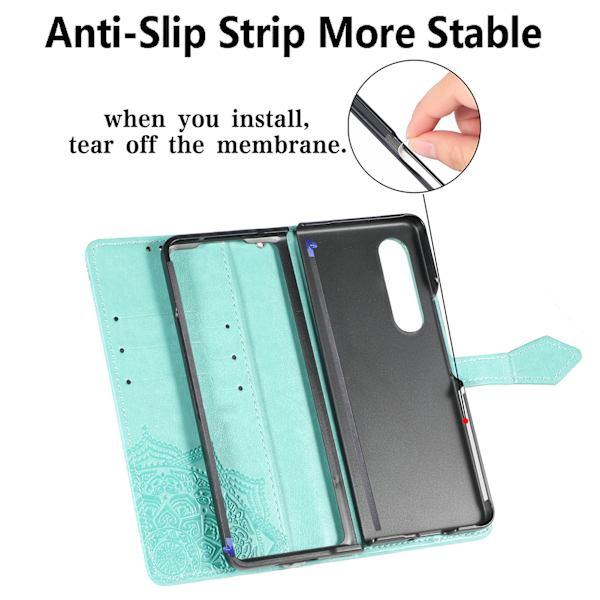 Plånboksfodral för Samsung Galaxy Z Fold 3, präglat läderfolio-flipfodral med handledsskydd, stötsäker kortfack