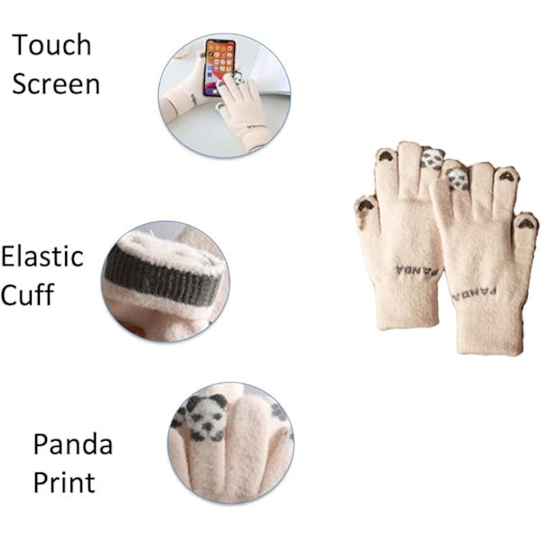 Vintervarme, bløde og tykke fleece-handsker til kvinder med panda-design