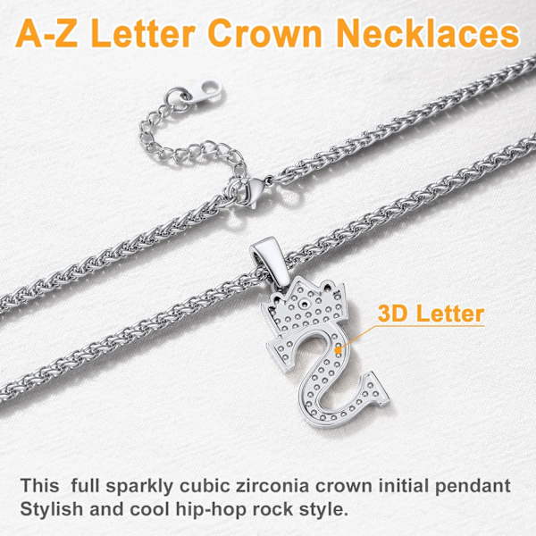 Krone Initial A-Z Halskjede, Iced Out Bokstavanheng med 22-24 Tommers Kjede, Menn Kvinner Bling Hip Hop Alfabet Navn Smykker Gave Store Initialer Halskjeder S Silver