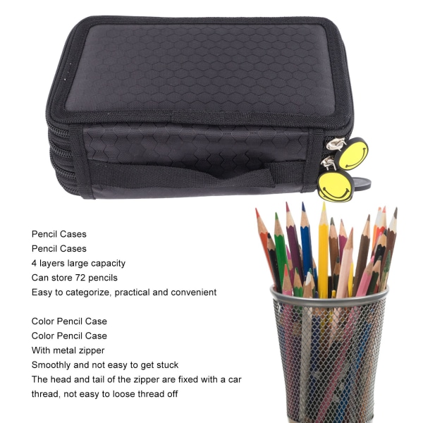 Fargeblyantveske 72 spor 4 lag forhindrer fall blyantvesker svart for akvarellpenner markører for kunstner