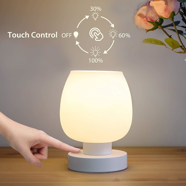 Liten lampe for soverom, stue, nattbord, skrivebordslampe med hvit opal glasslampe, varm LED-pære, 3-veis dimmbar, gaver