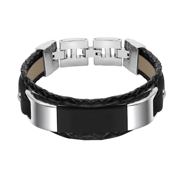 Metal læder urrem dobbelt løkker vævet urrem til Fitbit Alta/ Alta HR sort-L