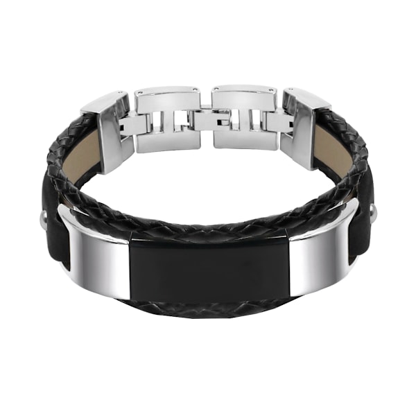 Metall och läder klockarmband med dubbla öglor vävt klockarmband för Fitbit Alta/ Alta HR Svart-L