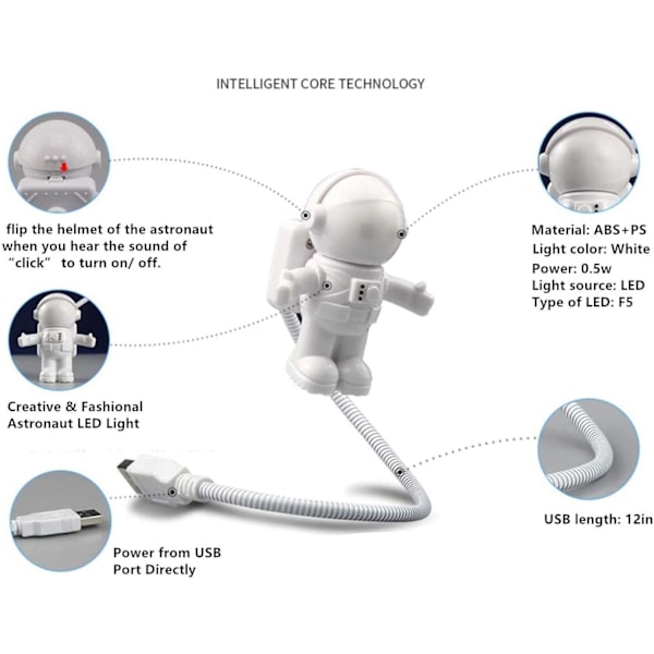 2 stk. USB LED-leselampe, kreativ astronaut LED fleksibel USB-lys bærbar mini nattlys tastaturlys USB-lading portdesign