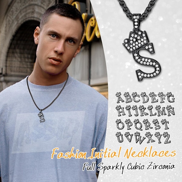 Krona Initial A-Z Halsband, Iced Out Letter Hänge med 22-24 Tums Kedja, Män Kvinnor Bling Hip Hop Alfabet Namn Smycken Present Stora Initialer Halsband S Black