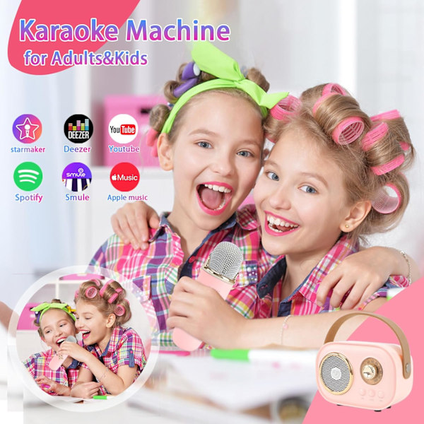 Pink Mini Karaoke Maskine til Børn, Bærbar Bluetooth Højttaler med 2 Trådløse Mikrofoner, Retro Højttaler Sæt Stereo Lyd Forbedret