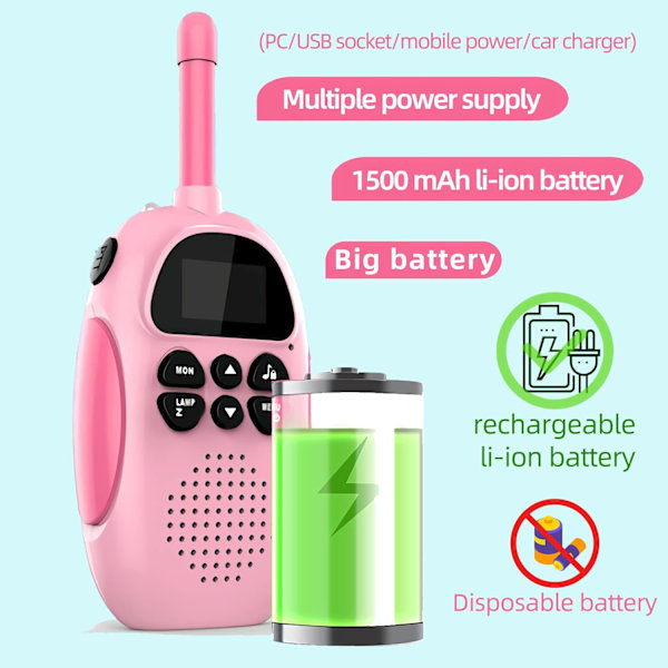 Walkie Talkies för barn Uppladdningsbara 1500Mah Lång räckvidd Walkie Talkie för pojkar flickor, med 22 kanaler 2-vägs radio och LCD-skärm, leksaker present, 2 st