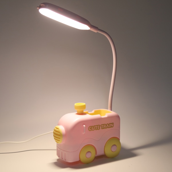 Mini tog LED nattbordslampe øyebeskyttelse studielese lys USB-lading med penneholder for barn Pink