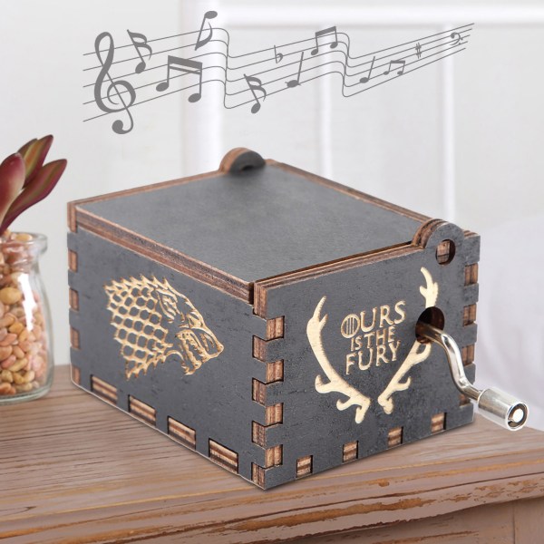 Hand Crank Carved Wooden Music Box Wooden Engraved Music Toys Kids Gifts Home Decor Black