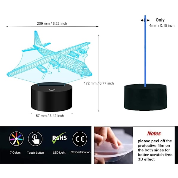 Flygplansnattlampa för barn 3D-plan Illusionslampa 7 färger som byter färg med beröringskontroll med USB-kabel LED-bordsskriv bordsdekoration lampor
