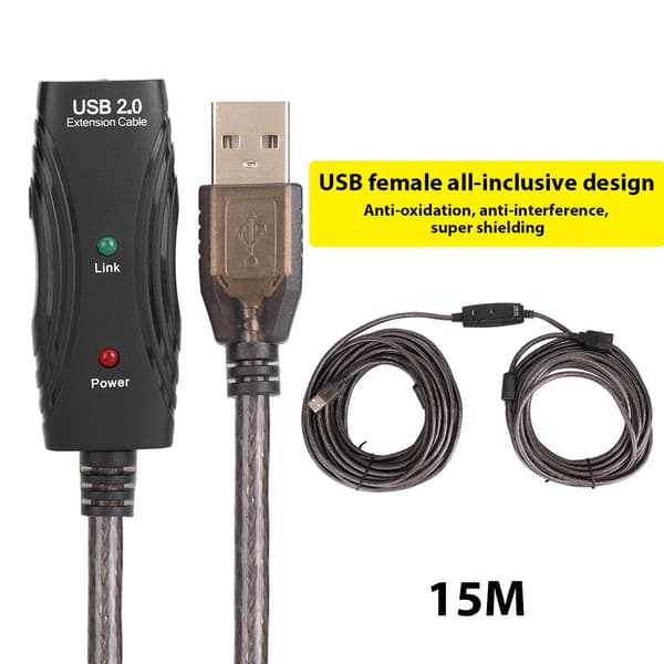 USB 2.0 forlængerkabel med indbyggede signalforstærkerchips understøtter op til 480 Mbps (15m)