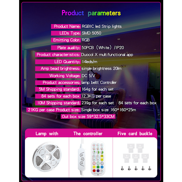 24,6ft/7,5 meter LED-ljusremsa, musik synkroniserande färgförändrande RGBIC LED-ljusremsa inbyggd mikrofon, Bluetooth-app-styrda LED-ljusrep