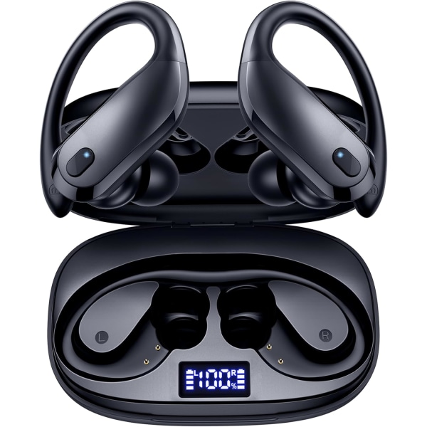 Bluetooth-hörlurar Trådlösa Öronproppar Over Ear Buds 90H Uppspelning IPX7 Vattentäta Sporthörlurar Deep Bass med Trådlöst Laddningsfodral & Dubbla LED P Black