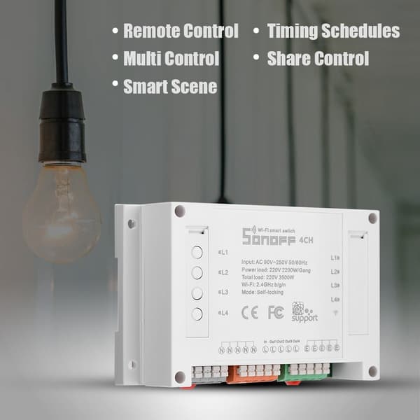 4-kanals montering Smart Home WiFi-bryterkontaktmodul Timer AC 90-250V for Android/iOS-telefon