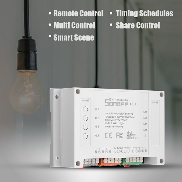 4-kanals montering Smart Home WiFi-stikkontaktmodul Timer AC 90-250V til Android/iOS-telefon