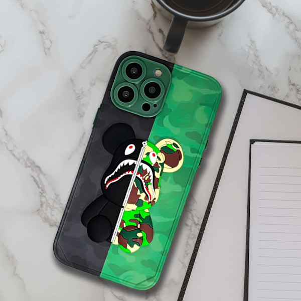 iPhone 13 Pro Max Cover - Sjovt Camo Haj Bjørn Design til Drenge Piger, Cool ArmyGreen Tegneserie 3D Mønster Gade Mode Stødsikker Anti-Scratch Fuld Bo