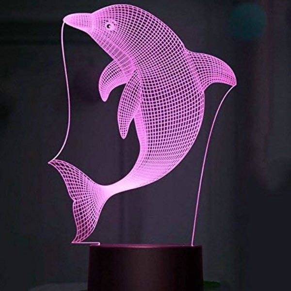 3D Delfin Fisk Nattlys Lampe Illusions 7 Farge Skiftende Berøringsbryter Bord Skrivebord Dekor Lamper Gave Akryl Flat ABS Base USB Kabel Leke (Bu