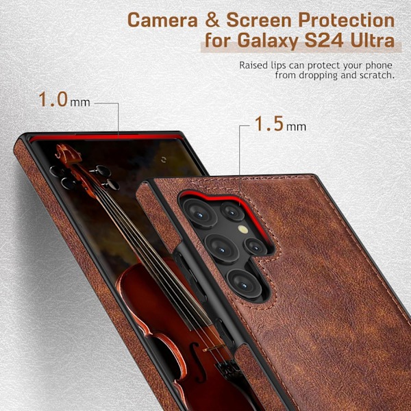 Samsung Galaxy S24Ultra 6.8 tum Skal, Premium Läder Klassisk Lyx PU Halkfritt Grepp Robust Stötfångare Stöttåligt Fullständigt Kroppsskydd Brown