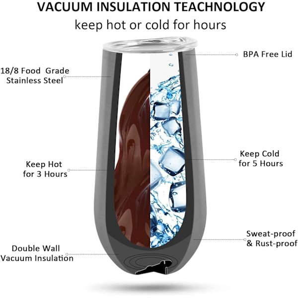 4 stk. Uden stilk Dobbelt isoleret Champagne Flûte Tumbler med låg, 6 Oz Uknuselige Genanvendelige Cocktail Kopper Champagne Skål Glas Silver