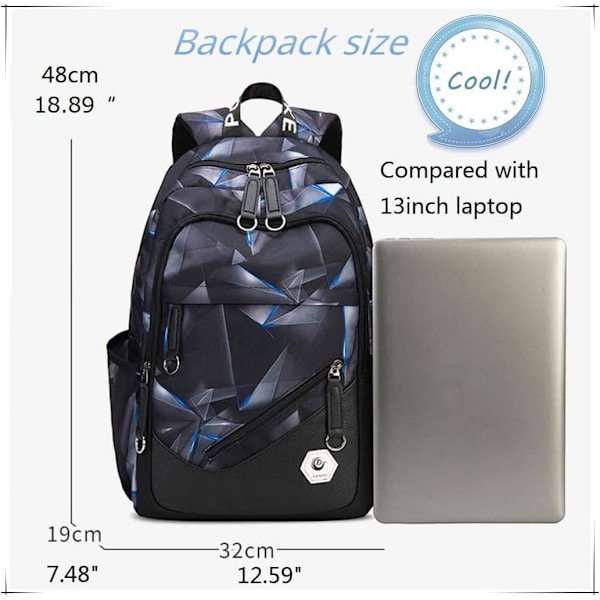 Skolryggsäck för tonårspojkar Laptop Bookbag Barn Skolväska för grundskolan Black+red Style B-No USB Port