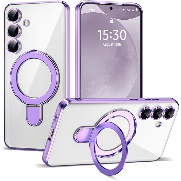 Samsung GaIaxy S24 6.2 Skal med Magnetisk Ringstativ [Kompatibel med Mag-Safe] [Fullständigt Kameralinsskydd] Pläterad Klar Telefonfodral Light Purple