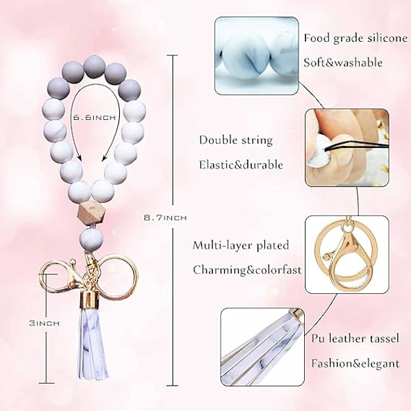 Silikone nøglering armbånd håndledsrem nøglekæde unik perlearmbånd nøgleringe med læderkvast Anti-lost nøglering (marmor)
