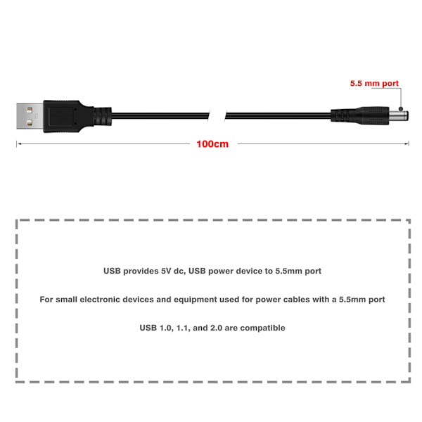 1 st Ny 1m USB till 5.5*2.1mm DC-kontakt Laddningskabel Laddning Kabel Tråd Svart