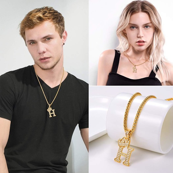 Krone Initial A-Z Halskæde, Iced Out Bogstav Vedhæng med 22-24 Tommer Kæde, Mænd Kvinder Bling Hip Hop Alfabet Navn Smykker Gave Store Initialer Halskæder H 18K Gold