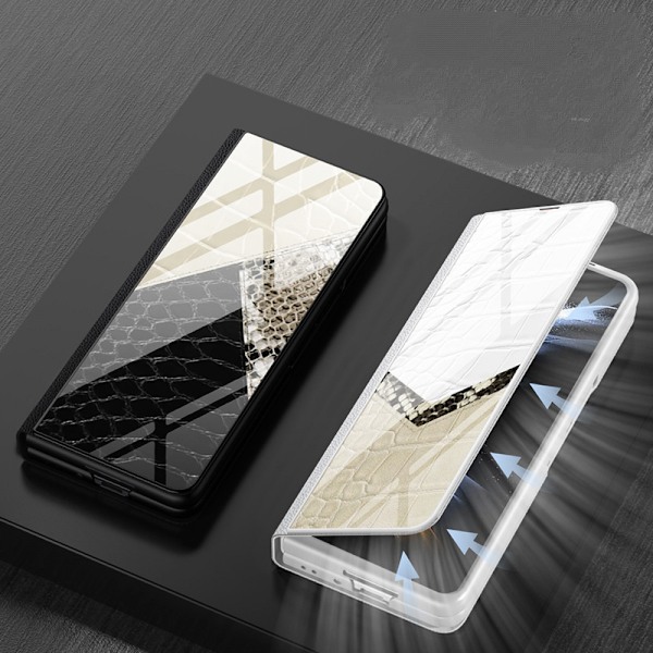 För Samsung Galaxy Z Fold 4 Fodral med gångjärnsskydd Lyxig Flip Plätering Glas Läder All-Inclusive Cover