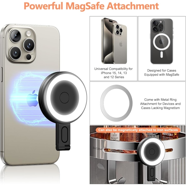 Magneettinen Selfie-valo - Yhteensopiva LED-puhelinvalo Sisältää tarranrenkaan, Täyttövalo valokuville, TikTok, Zoom, Livestreaming, Vloggi
