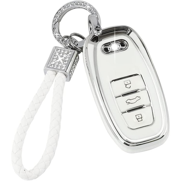 PIFOOG Nyckelringsskydd för Audi 4 knappar TPU Mjukt Nyckelfodral Skal Bling Nyckelring Biltillbehör för Audi Girly Kvinnor Vit Silver