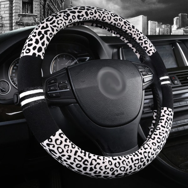 Lyxig leopardmönstrad fashionabel plysch bilrattskydd, universell passform, håller bilen varm