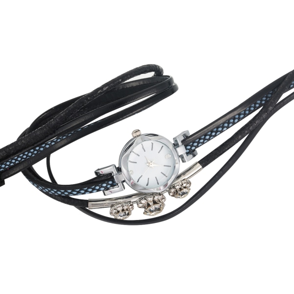 Dam Rhinestone PU-rem Rund Urtavla Quartz Armband Watch Armbandsur (svart)