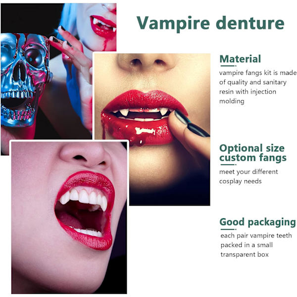 5 kappaleen vampyyrin hampaiden sarja 4 kokoa Mukautetut hampaat Vampyyrin hampaat Tekohampaat 1 putki Hammasrakeet Liima Cosplay-juhlatarvikkeisiin Halloween Par