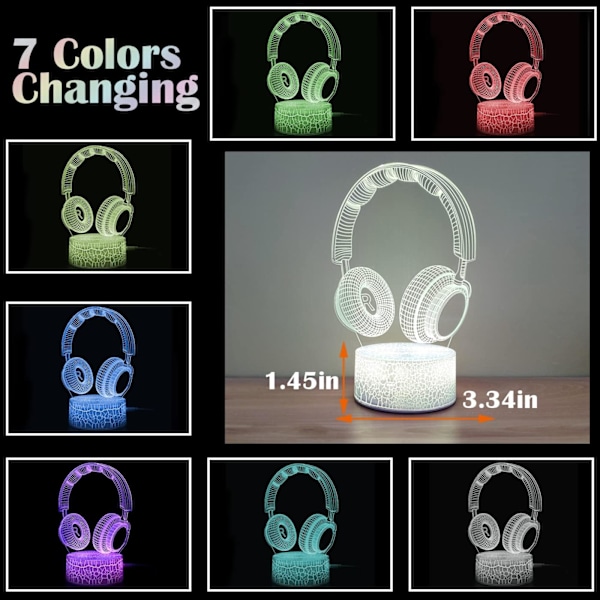 2 stk Hodetelefoner og Enhjørning-Ikoner Lys med USB-kabel 7 Farger Skiftende LED Nattelys 3D Illusjonslampe Spillrom Belysning Dekor (2 stk)