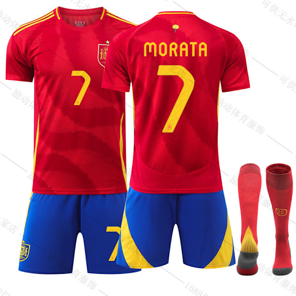 Spanien Euro 2024 Hemma Barn Vuxen Tröja 9 Gavi 17 Williams 19 Yamal Fotbollströja Set NO.7 MORATA 16