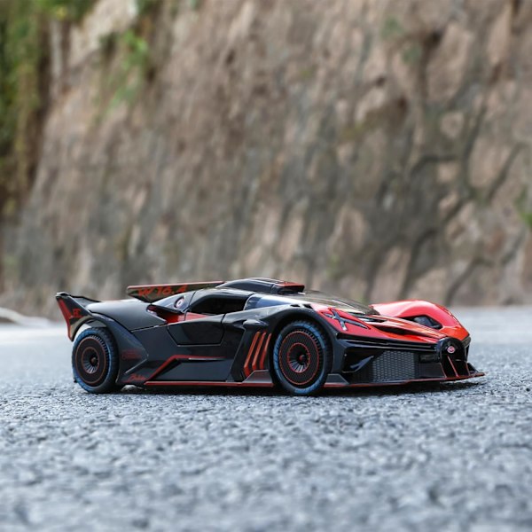 Bugatti Bolide -leluauto, 1:24-mittakaava, metallivalu, valot ja äänet, vetämällä toimiva leluauto lapsille, pojille ja tytöille