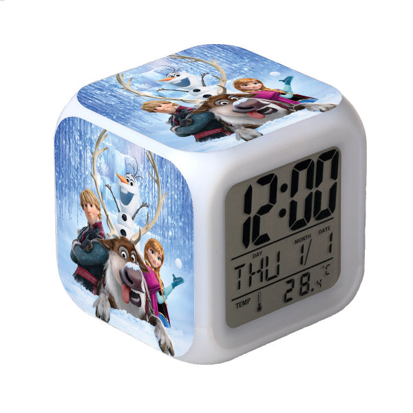 Frossen fargerik glødende LED-vekkerklokke Anime tegneserie barn firkantet klokke digital vekkerklokke med tid, temperatur, alarm, dato