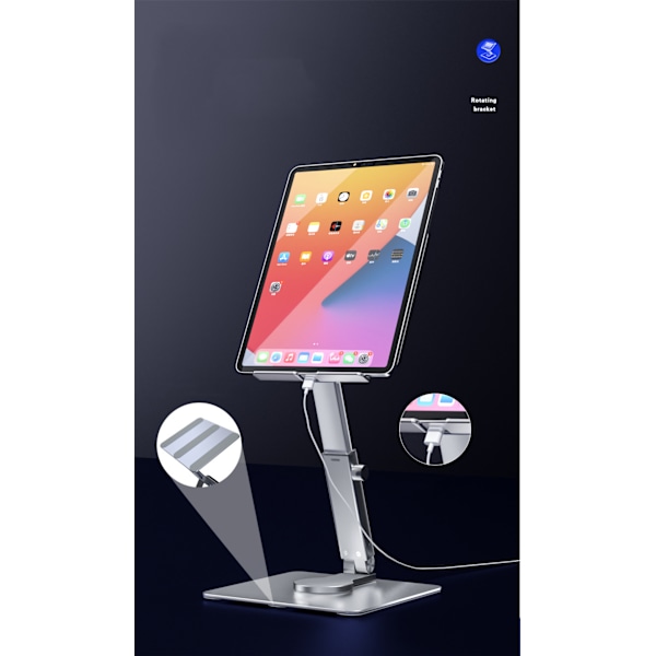 Tablet Stand med justerbar rækkevidde og højde - Aluminium Stand Desk Holder 360° drejelig justerbar base
