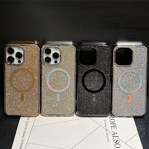 iPhone 16 Pro Max -kotelo, [Yhteensopiva MagSafe kanssa] Glitteri Kristallitimantti Strassi Kimalle Kimaltava Puskuri Kameran Linssin Suoja S Silver