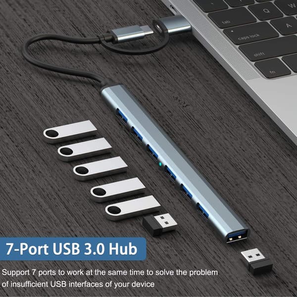 USB-hub 3.0 med 7 porter, VIENON Aluminium USB C til USB 3.0 Hub for MacBook, Mac Pro/Mini, iMac, Ps4, PS5, Surface Pro, Flash Drive, Samsung