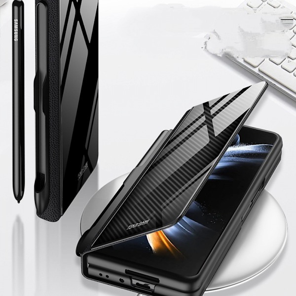 Til Samsung Galaxy Z Fold 4 Etui med S-Pen Holder Flip Plating Glas Crystal Hybrid Læder All-Inclusive Cover, med hængselbeskyttelse