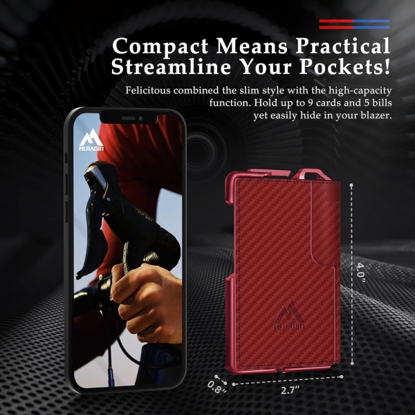 Taktisk minimalistisk lommebok for menn, slank RFID-blokkerende metallkortlomme, frontlomme Menu2019s skinn Dapper Bifold-lommebok med pengesklips Carbon Fiber Red
